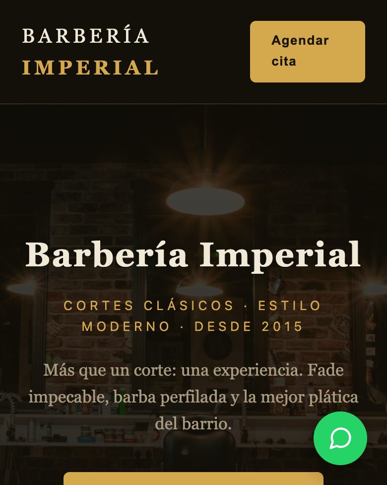 Página de Barbería Imperial vista en un celular: nombre del negocio, botón para agendar cita y botón de WhatsApp.